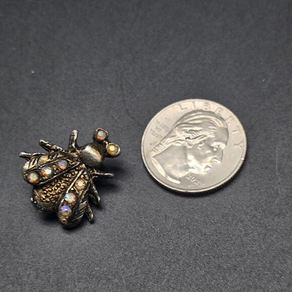 AJC Insect Fly Brooch Bronze Tone Aurora Borealis Rhinestone Vintage Bug Jewelry - Picture 5 of 7